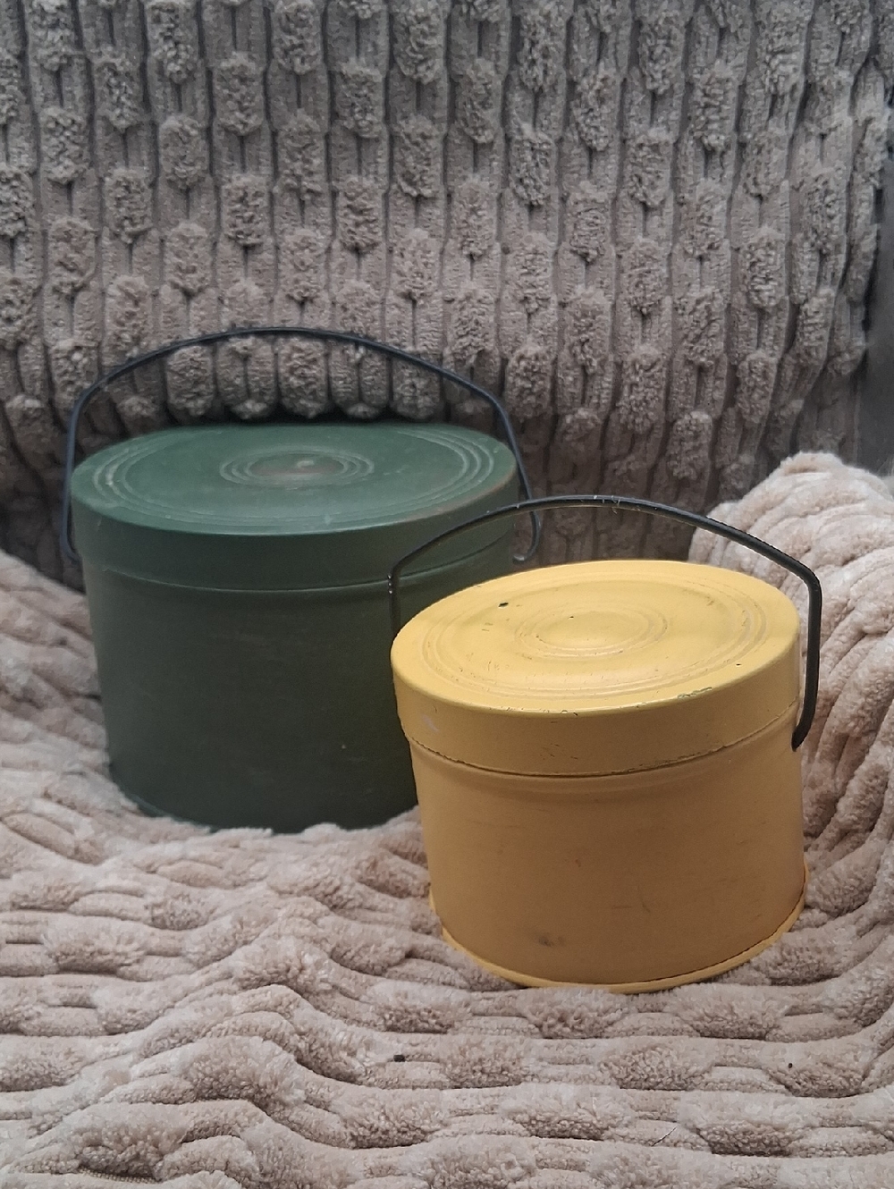 Vintage Decorative Yellow and Green Metal Storage Tins with Handles